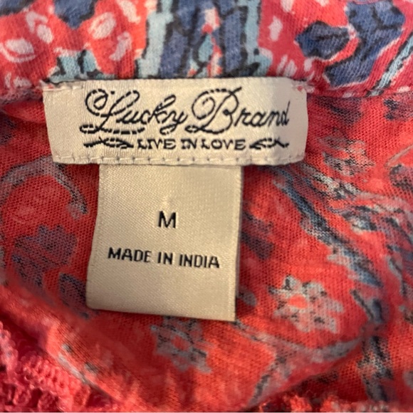 Lucky Brand Pink Blue Floral V-Neck Lace Detail Short Sleeve Paisley Blouse Top - Picture 6 of 8